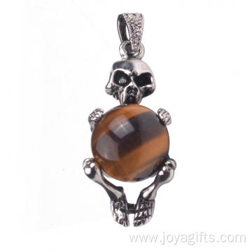 Stainless Steel Skull Pendant Tiger Eye Beads